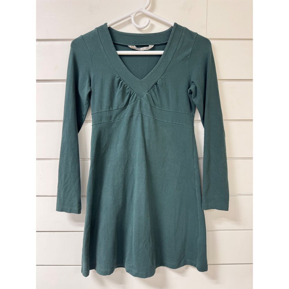 Athleta Women XSP Green Organic Cotton V-Neck Long Sleeve Mini Dress 709945